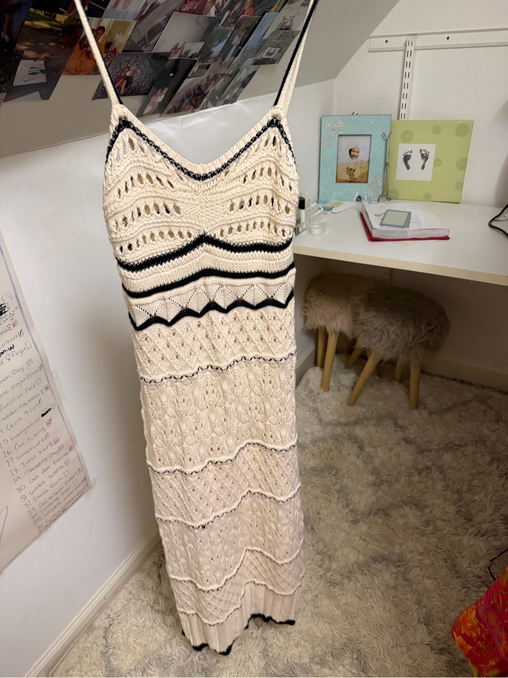 Cream Crochet Maxi Dress with Black Trim - Women